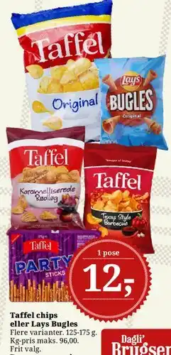 Dagli'Brugsen Taffel chips eller Lays Bugles tilbud