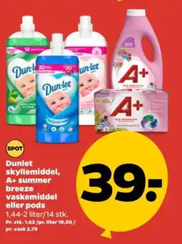 Netto Dunlet skyllemiddel, A+ summer breeze vaskemiddel eller pods tilbud
