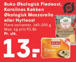 SPAR Buko Økologisk Flødeost, Karolines Køkken Økologisk Mozzarella eller Hytteost tilbud