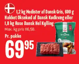 Min Købmand 1,2 kg Medister af Dansk Gris, 600 g Hakket Oksekød af Dansk Kødkvæg eller 1,8 kg Rose Dansk Hel Kylling tilbud