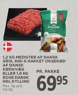 MENY 1,2 kg medister af dansk gris, 600 g hakket oksekød af dansk kødkvæg eller 1,8 kg rose dansk hel kylling tilbud