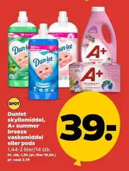 Netto Dunlet skyllemiddel, A+ summer breeze vaskemiddel eller pods tilbud