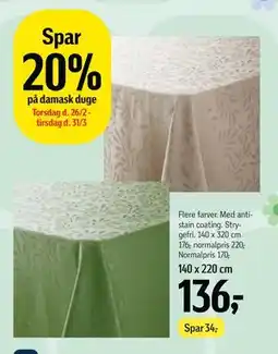 Føtex Spar 20% på damask duge tilbud
