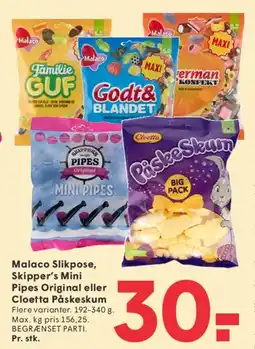 SPAR Malaco slikpose / Skipper's Mini Pipes / Cloetta Påskeskum tilbud