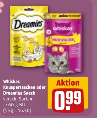 REWE DE Whiskas Knuspertaschen oder Dreamies Snack tilbud