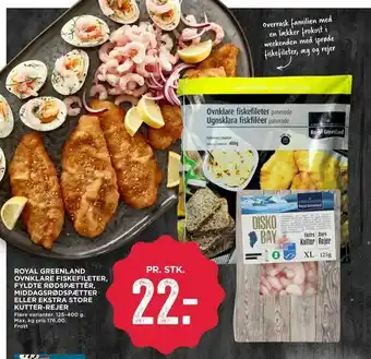 MENY Royal greenland ovnklare fiskefileter, fyldte rødspætter, middagsrødspætter eller ekstra store kutter-rejer tilbud