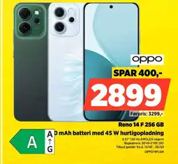 Power Oppo reno 14 f 256 gb a mah batteri med 45 w hurtigopladning tilbud