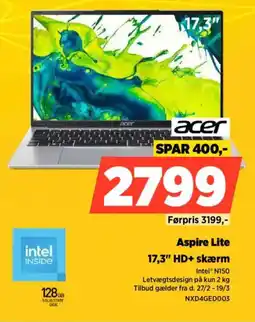 Power Acer aspire lite 17,3" hd+ skærm tilbud