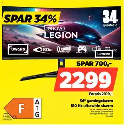 Power Lenovo 34" gamingskærm 180 Hz ultrawide skærm tilbud