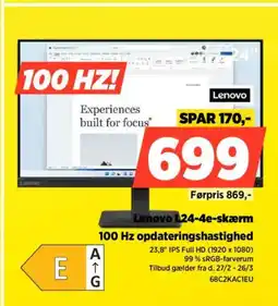 Power Lenovo Lenovo L24-4e-skærm 100 Hz opdateringshastighed tilbud