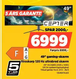 Power Cepter 49" gaming-skærm ultraskarp 120 hz ultrabred skærm tilbud