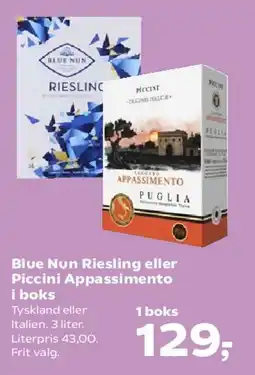 SuperBrugsen Blue Nun Riesling eller Piccini Appassimento i boks tilbud
