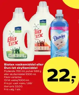 Kvickly Biotex vaskemiddel eller Dun-let skyllemiddel tilbud