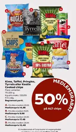 Kvickly Kims, Taffel, Pringles, Tyrrells eller Kettle Cooked chips tilbud