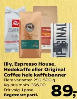 Kvickly Illy, Espresso House, Hedekaffe eller Original Coffee hele kaffebønner tilbud