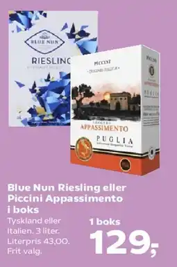 Kvickly Blue Nun Riesling eller Piccini Appassimento i boks tilbud