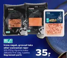 Kvickly Irma røget, gravad laks eller vannamei rejer tilbud