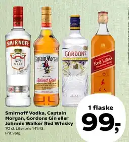 Kvickly Smirnoff Vodka, Captain Morgan, Gordons Gin eller Johnnie Walker Red Whisky tilbud