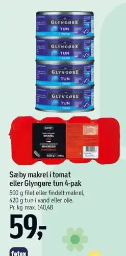 Føtex Sæby makrel i tomat eller Glyngøre tun 4-pak tilbud