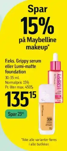 Føtex Maybelline makeup (Grippy serum / Lumi-matte) tilbud