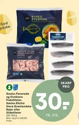 SPAR Gestus Panerede og Ovnklare Fiskefileter, Gestus Ekstra Store Grønlandske Rejer eller Sildefileter tilbud