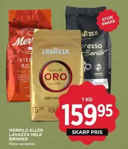 MENY MERRILD ELLER LAVAZZA HELE BØNNER tilbud