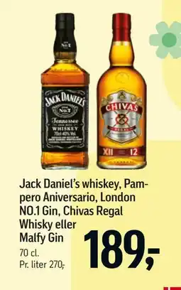 Føtex Jack Daniel’s whiskey, Pampero Aniversario, London NO.1 Gin, Chivas Regal Whisky eller Malfy Gin tilbud