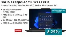 CBC Lenovo ThinkPad E16 Gen 3 (AMD) Bærbar AI-optimeret PC tilbud