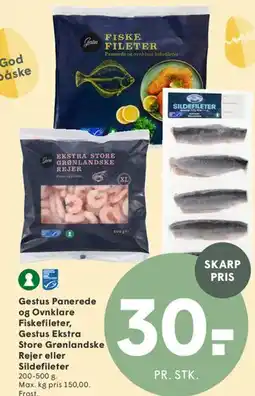 SPAR Gestus panerede/ovnklare fiskefileter, ekstra store grønlandske rejer eller sildfileter tilbud