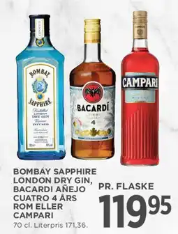 MENY Bombay Sapphire / Bacardi Añejo / Cuatro 4 års Rom eller Campari tilbud