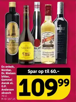 Løvbjerg En enkelt, Nordsø, Dr. Nielsen bitter, Gammel dansk el. O.P. Anderson akvavit tilbud