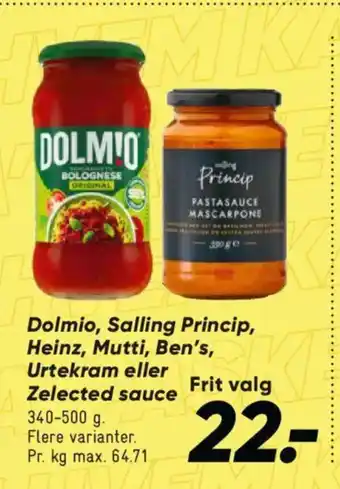 Bilka Dolmio, Salling Princip, Heinz, Mutti, Ben's, Urtekram eller Zelected sauce tilbud