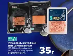 Kvickly Irma røget, gravad laks eller vannamei rejer tilbud