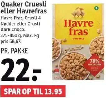 SPAR Quaker Cruesli Eller Havrefras 375-450g tilbud