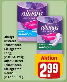 REWE DE Always Discreet Inkontinenz-Einlagen oder Discreet Inkontinenz-Einlagen***, EUR 2.99 tilbud