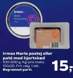 SuperBrugsen Irmas Marie leverpostej Irmas Marie postej eller paté med hjortekød tilbud