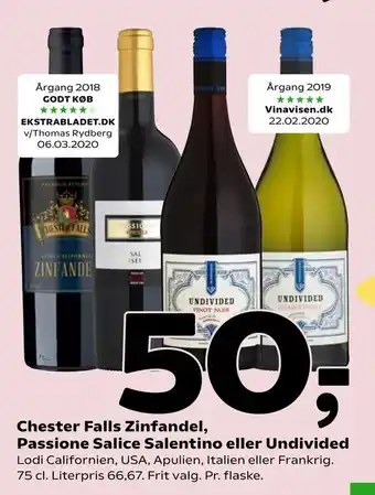 Coop 365 Chester Falls Zinfandel, Passione Salice Salentino eller Undivided tilbud