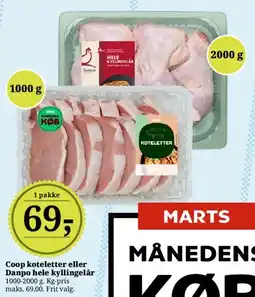 Dagli'Brugsen Coop koteletter eller Danpo hele kyllingelår tilbud