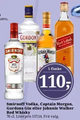 Dagli'Brugsen Smirnoff Vodka, Captain Morgan, Gordons Gin eller Johnnie Walker Red Whisky tilbud