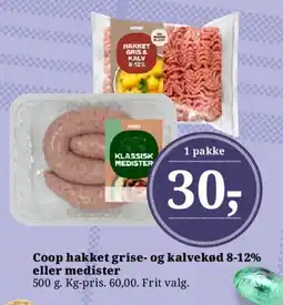 Dagli'Brugsen Coop hakket grise- og kalvekød 8-12% eller medister tilbud