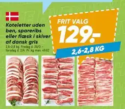 Bilka Koteletter uden ben, spareribs eller flæsk i skiver af dansk gris tilbud