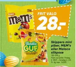 Bilka Skippers mini piber, M&M’s eller Malaco slikpose tilbud