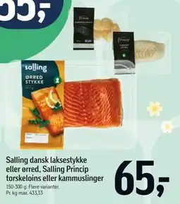 Føtex Salling dansk laksestykke eller ørred, Salling Princip torskeloins eller kammuslinger tilbud