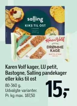 Føtex Karen Volf kager, LU petit, Bastogne, Salling pandekager eller kiks til ost tilbud