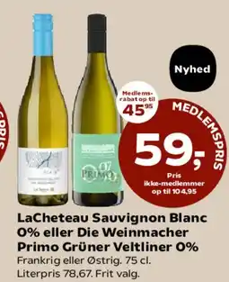 SuperBrugsen LaCheteau Sauvignon Blanc 0% eller Die Weinmacher Primo Grüner Veltliner 0% tilbud