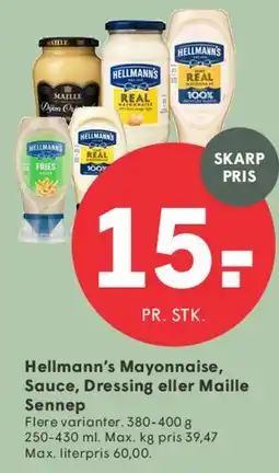SPAR Hellmann's Mayonnaise, Sauce, Dressing eller Maille Sennep tilbud