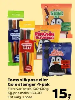Kvickly Toms slikpose eller Go'e stænger 4-pak tilbud