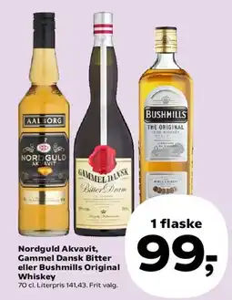 Kvickly Nordguld Akvavit, Gammel Dansk Bitter eller Bushmills Original Whiskey tilbud
