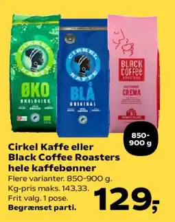 Kvickly Cirkel Kaffe eller Black Coffee Roasters - hele kaffebønner tilbud