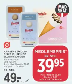 MENY Hansens økologiske is / ispinde / isvafler tilbud